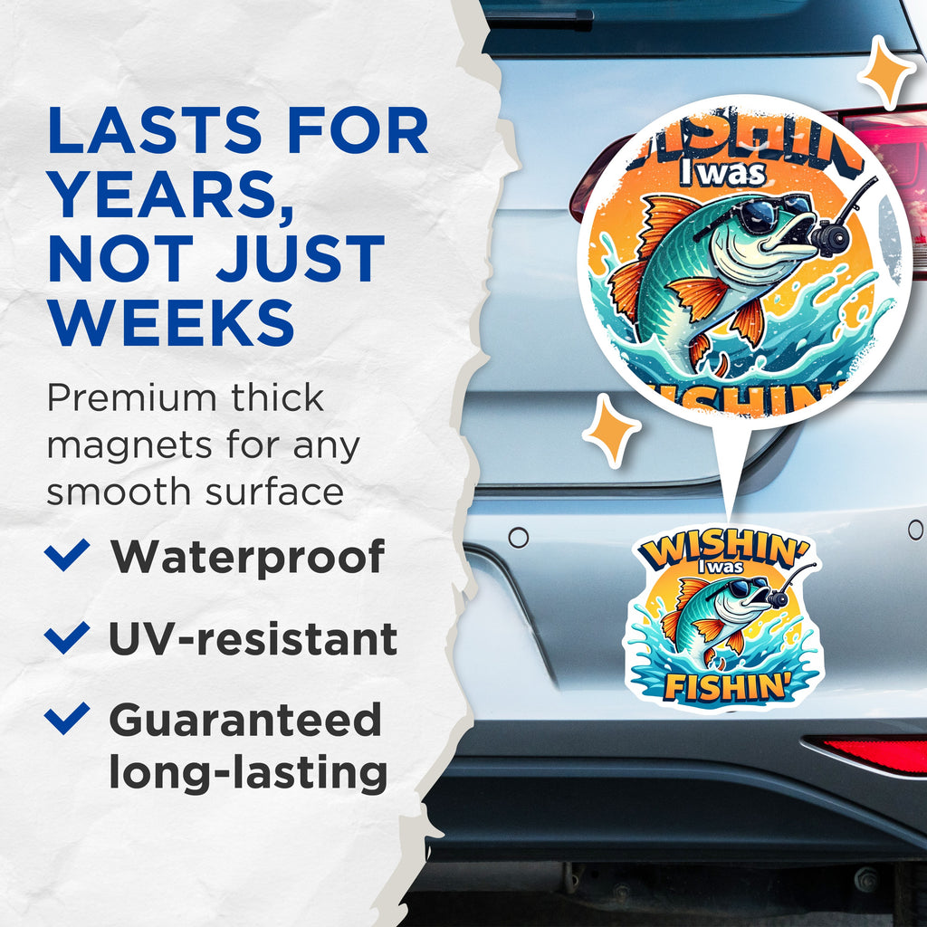 (2 Pack) Wishin I was Fishin Magnets - Funny Fishing Refrigerator Decor - Bass Angler Tackle Box Present for Him - 5 Inches On Longest Side - Thick Durable Magnet - Made in USA - MAG37791