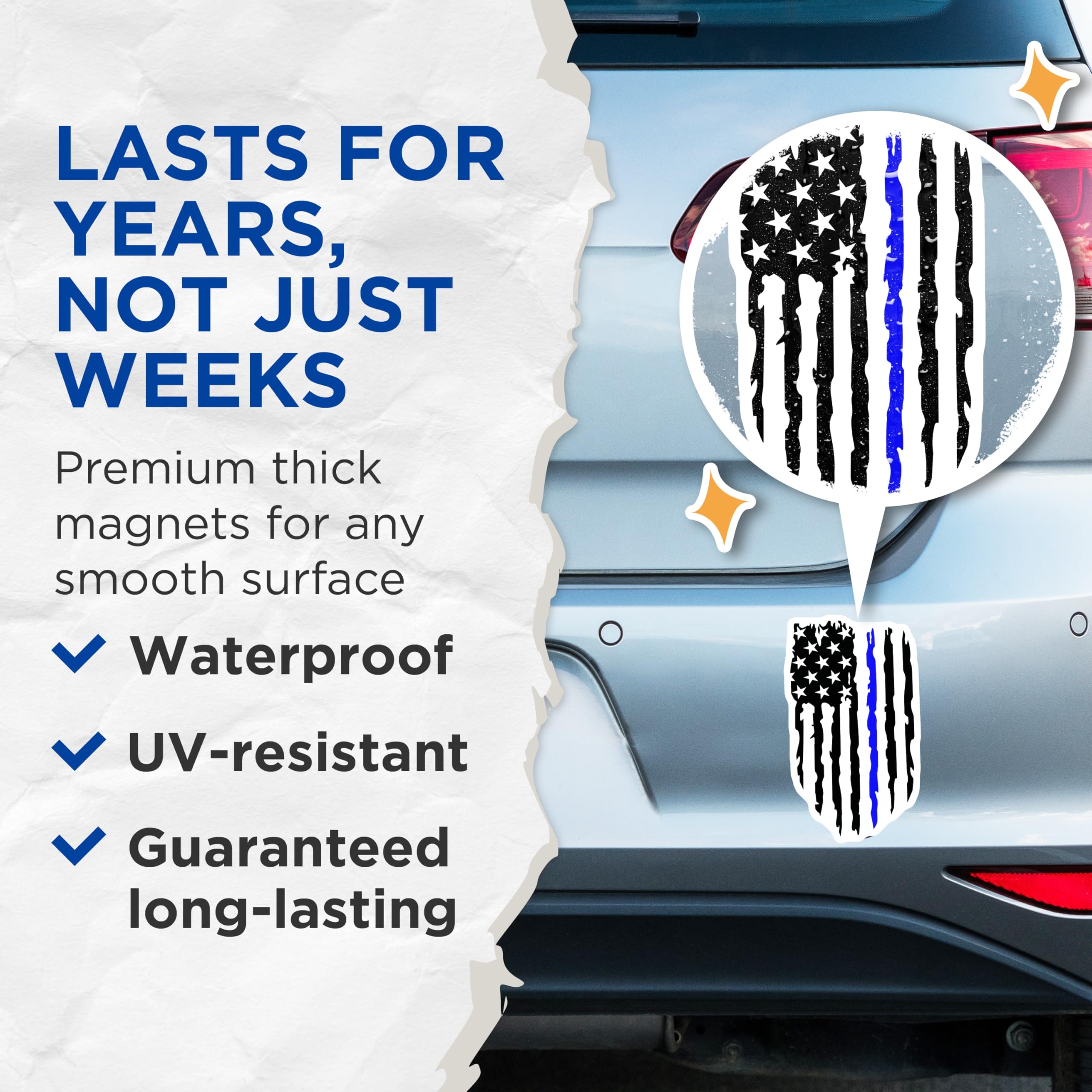 (2 Pack) Thin Blue Line Magnets - Distressed American Flag Support - Law Enforcement Tribute - 5 Inches On Longest Side - Thick Durable Magnet - Made in USA - MAG21456