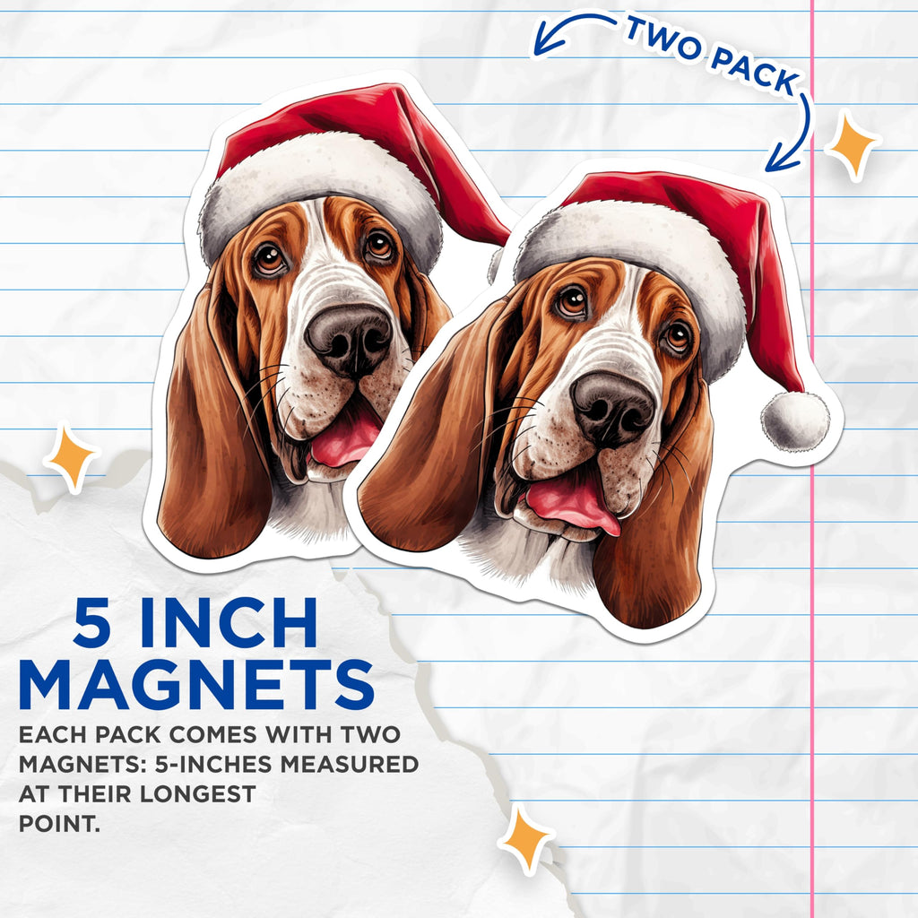 (2 Pack) Basset Hound Magnets - Christmas Dog Illustration - Holiday Pet Decor Accessory - 5 Inches On Longest Side - Thick Durable Magnet - Made in USA - MAG23430