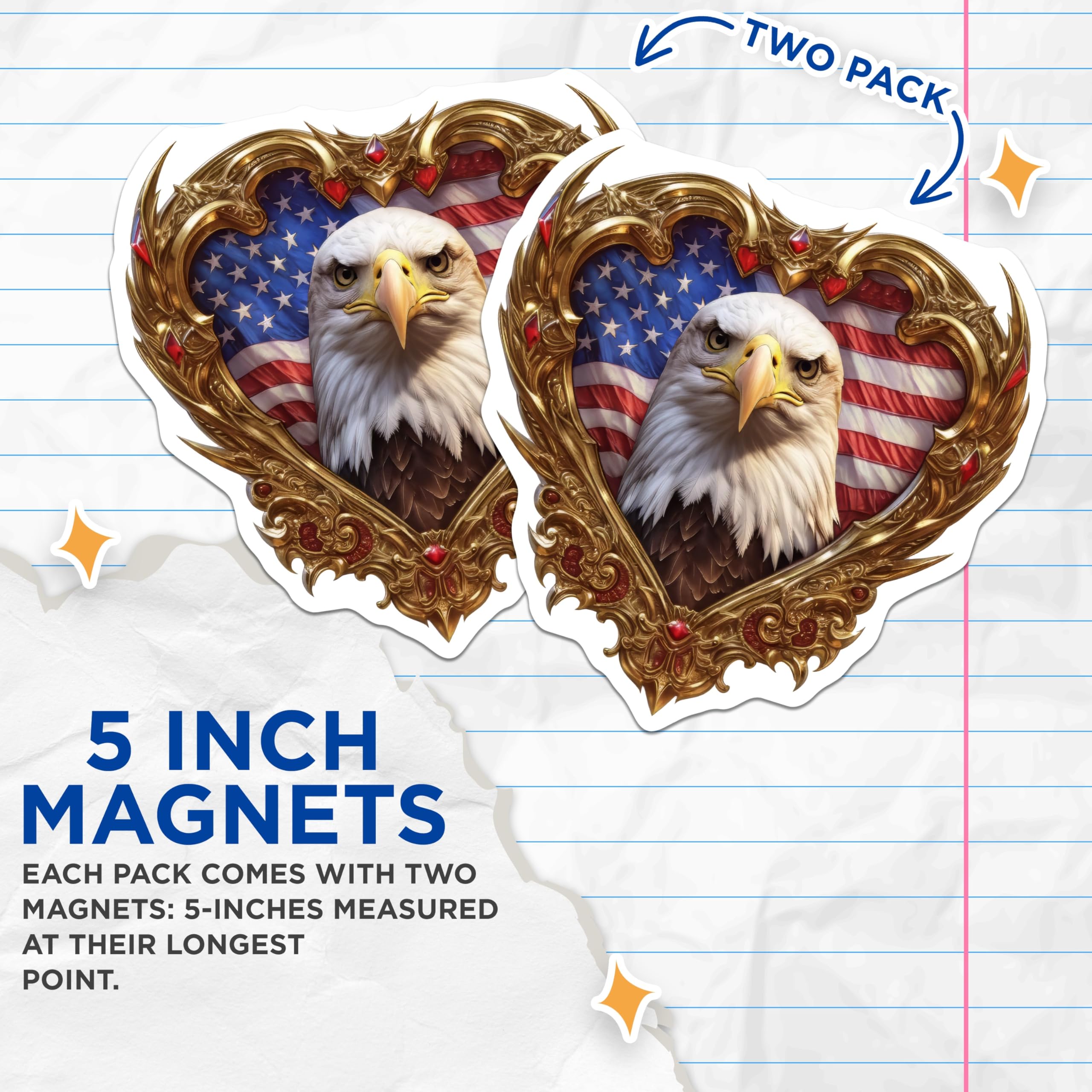 (2 Pack) Bald Eagle Magnets - Majestic American Flag Heart Frame Artwork - Patriotic USA Refrigerator Locker Decor - 5 Inches On Longest Side - Thick Durable Magnet - Made in USA - MAG21785