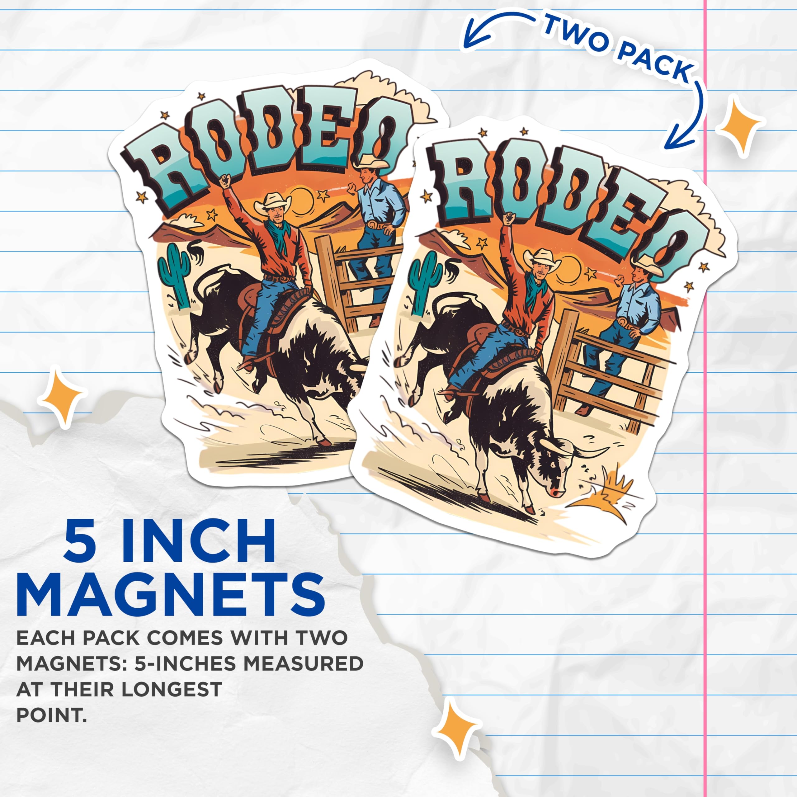 (2 Pack) Rodeo Magnets - Cowboy Bull Riding Art - Western Themed Decor - Wild West Scene - 5 Inches On Longest Side - Thick Durable Magnet - Made in USA - MAG21373