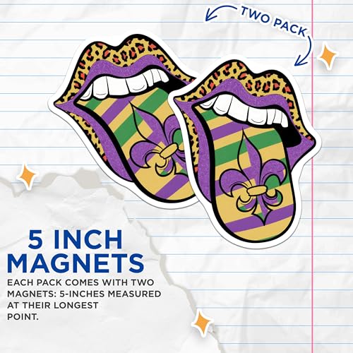 (2 Pack) Mardi Gras Lips Magnets Magnets - Leopard Print - New Orleans Theme - 5" On Longest Side - Made in USA - Sticks to Refrigerators & Metal Surfaces - MAG8942