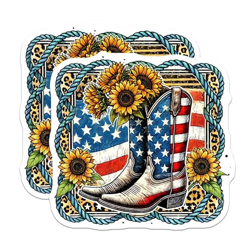 (2 Pack) Patriotic Cowboy Boot Stickers - Sunflower USA Flag - Western Country Style - 5" On Longest Side - Sticks to Smooth Flat Surfaces - Made in USA - BMCS7875