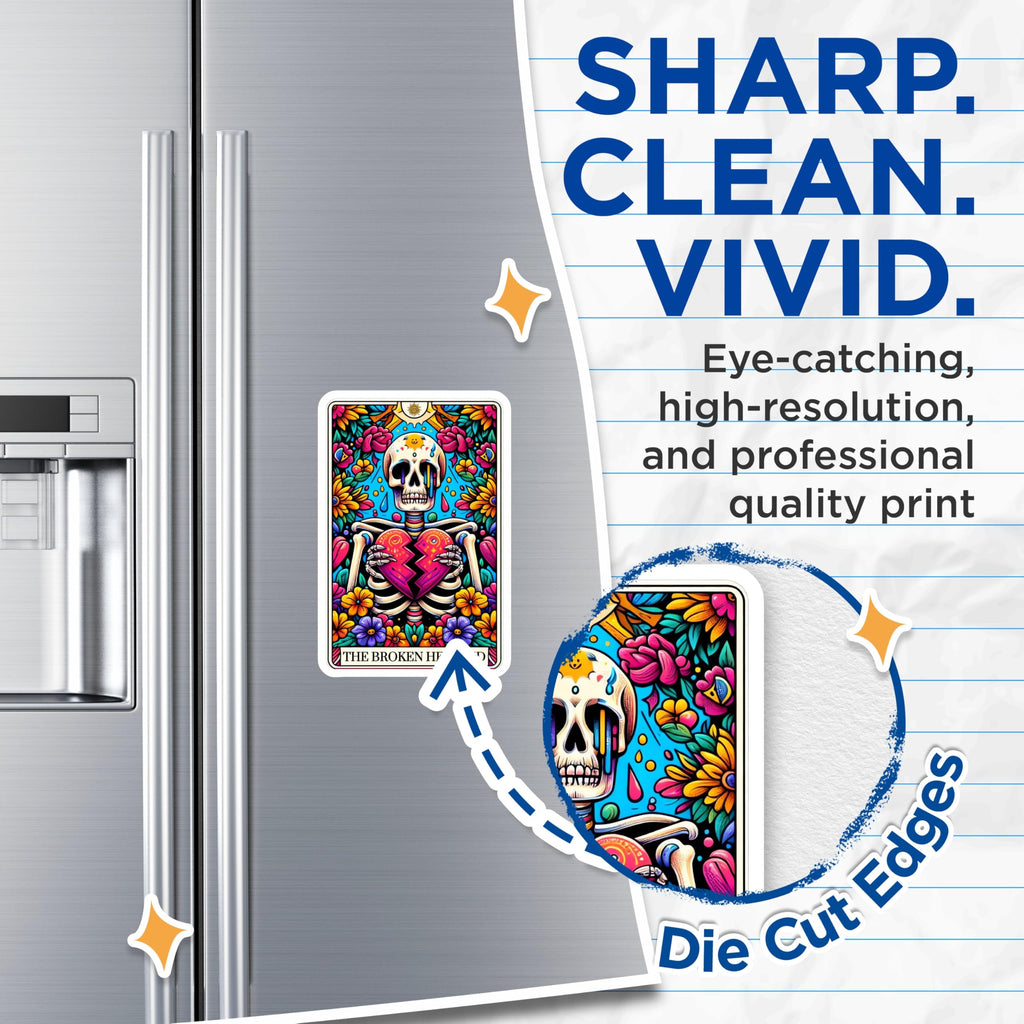(2 Pack) Broken Heart Skeleton Magnets - Dia de Los Muertos Style Art - Vibrant Floral Gothic Refrigerator Decor - 5 Inches On Longest Side - Thick Durable Magnet - Made in USA - MAG28719