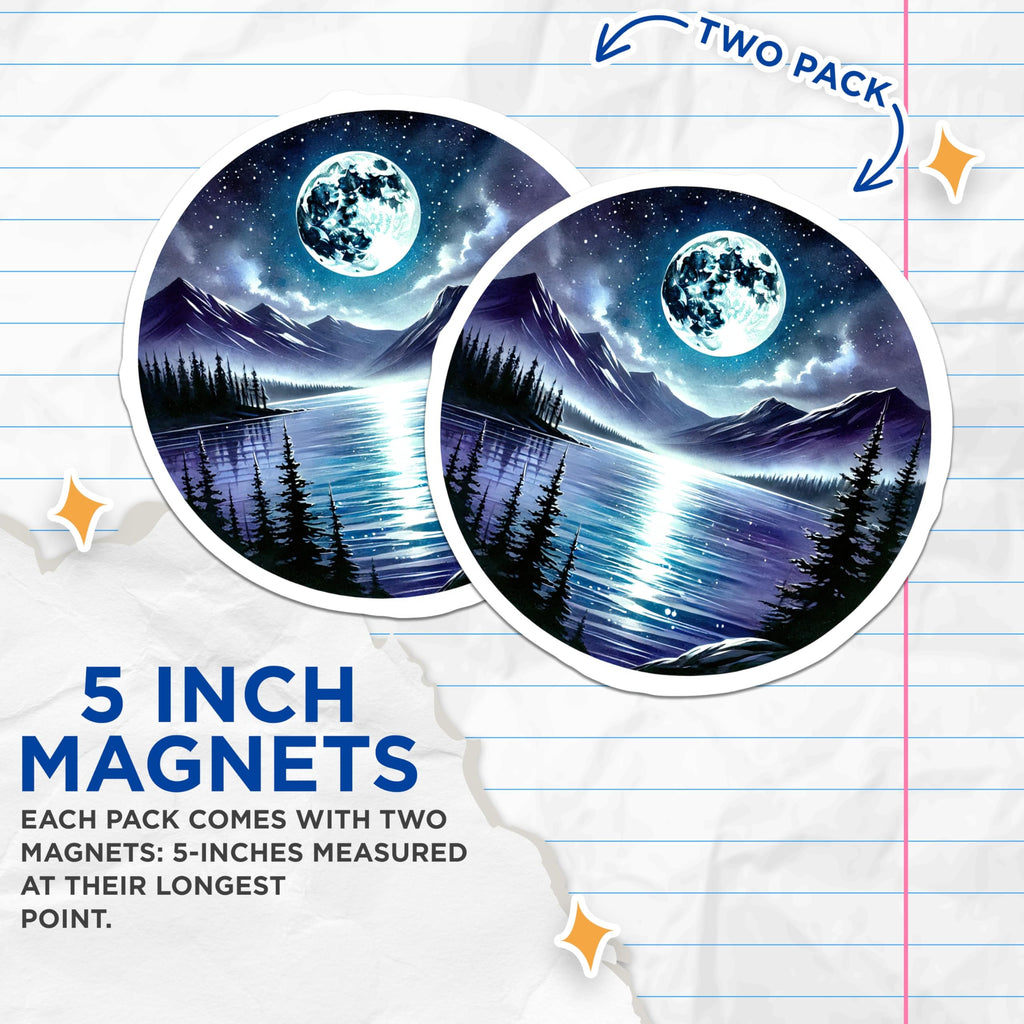 (2 Pack) Moonlight Mountain Lake Magnets - Celestial Decor - Night Scenery Fridge Magnets - 5" On Longest Side - Premium Magnet - for Cars, Refrigerators, Toolboxes, Lockers - Made in USA - MAG17636