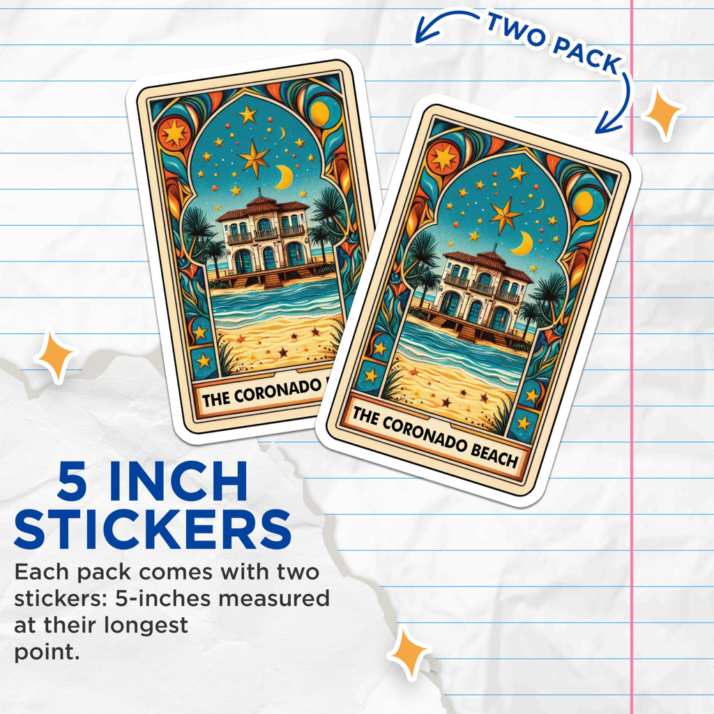 (2 Pack) Beach House Stickers - Coronado Beach Vibes - Coastal Aesthetic Decor - Starry Night Seaside Stickers - 5" On Longest Side - Sticks to Smooth Flat Surfaces - Made in USA - BMCS9942