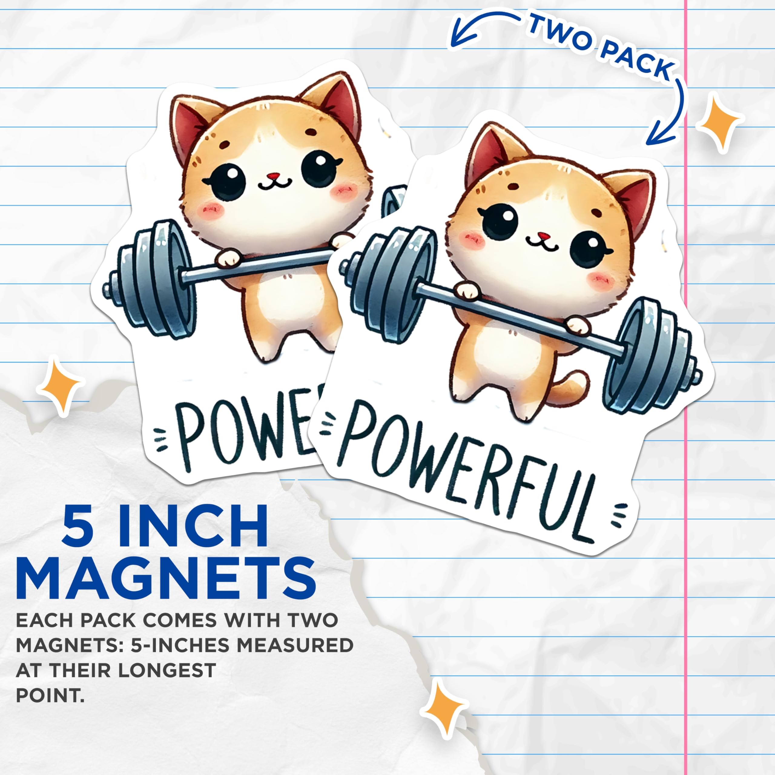 (2 Pack) Powerful Cat Magnets - Weightlifting Kitty - Strong Animal Cartoon - 5" On Longest Side - Premium Magnet - for Cars, Refrigerators, Toolboxes, Lockers - Made in USA - MAG15430