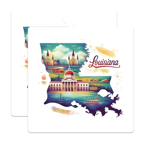(2 Pack) Louisiana State Map Stickers - Watercolor Louisiana Landmark Stickers - Travel Souvenir Stickers - 5" On Longest Side - Sticks to Smooth Flat Surfaces - Made in USA - BMCS5153