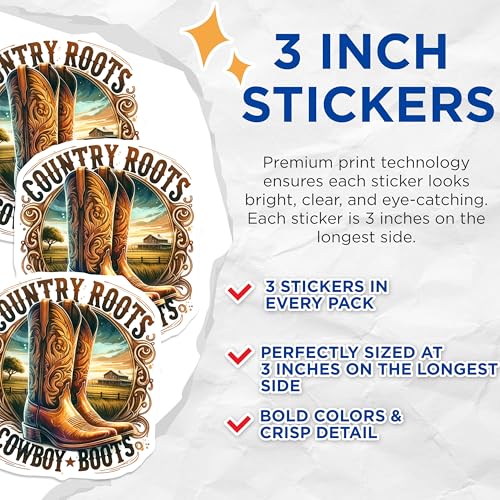 (3 Pack) Cowboy Boots Decals - Country Roots Sticker - Western Laptop Decal- 3 Inches On Longest Side - Easy Peel & Apply - Made in USA - 3MCS5573