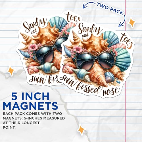 (2 Pack) Sandy Toes and Sun Kissed Nose Magnets Magnets - Beach Theme Home Decor - 5" On Longest Side - Made in USA - Sticks to Refrigerators & Metal Surfaces - MAG9273
