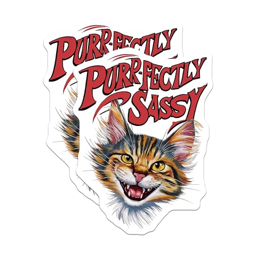 (2 Pack) Purr-fectly Sassy Stickers - Funny Cat Stickers - Cute Animal Stickers for Laptops - Unique Cat Art Stickers - 5" On Longest Side - Sticks to Smooth Flat Surfaces - Made in USA - BMCS3957