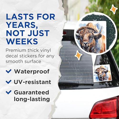 (2 Pack) Bison Animal Art Stickers - Watercolor Buffalo Decal - Wildlife Art - 5" On Longest Side - Sticks to Smooth Flat Surfaces - Made in USA - BMCS8681