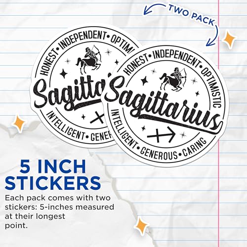 (2 Pack) Sagittarius Zodiac Stickers - Astrology Stickers - Horoscope Stickers for Sagittarius - 5" On Longest Side - Sticks to Smooth Flat Surfaces - Made in USA - BMCS5290