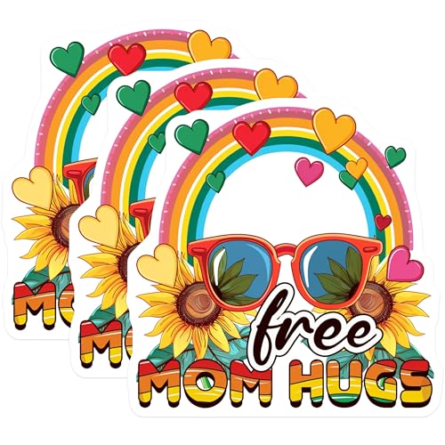 (3 Pack) Mom Hugs Decals - Sunflower Design - Rainbow Hearts Decals - 3 Inches On Longest Side - Easy Peel & Apply - Made in USA - 3MCS7961
