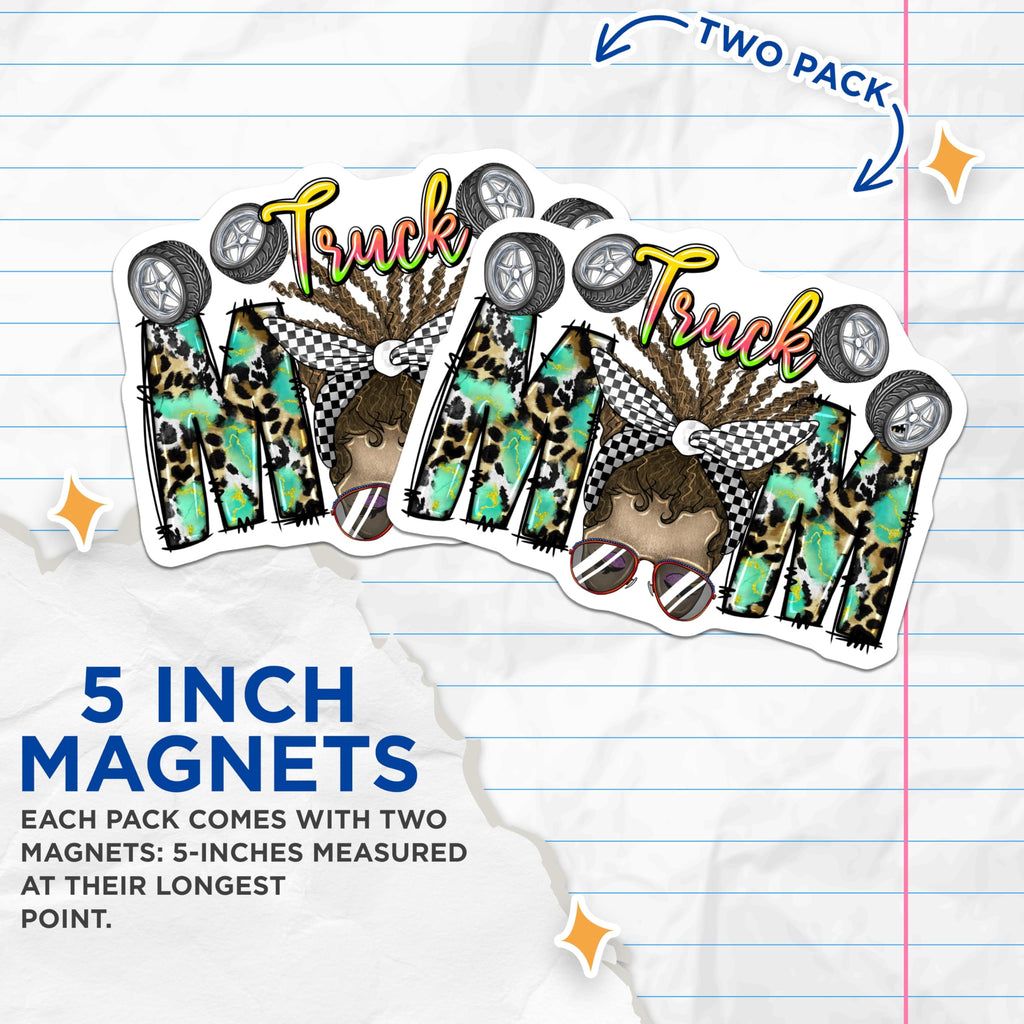 (2 Pack) Truck Mom Magnets - Messy Bun Racing Mama - Leopard Print Auto Accessories - 5 Inches On Longest Side - Thick Durable Magnet - Made in USA - MAG30055