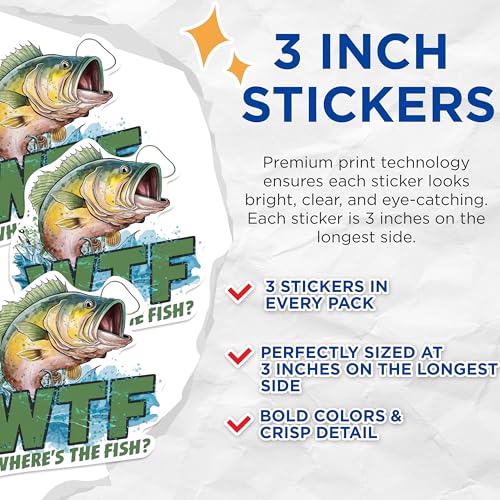 (3 Pack) WTF Where's The Fish Decals - Funny Fishing Meme - Laptop Decal - 3 Inches On Longest Side - Easy Peel & Apply - Made in USA - 3MCS0612