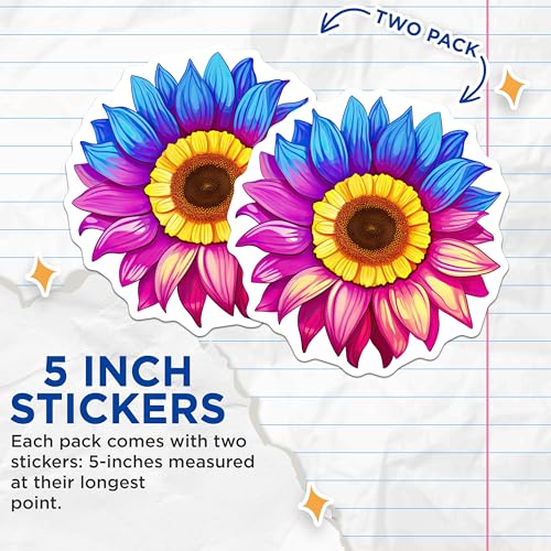 (2 Pack) Colorful Flower Stickers - Sunflower Art - Vibrant Bloom Decal - 5" On Longest Side - Sticks to Smooth Flat Surfaces - Made in USA - BMCS6653