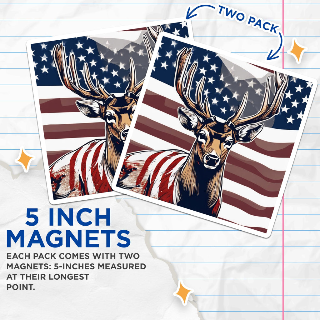 (2 Pack) Patriotic Deer Magnets - American Flag Buck Antlers - Hunter Home Decor Refrigerator - USA Wildlife Hunter's Den Art - 5 Inches On Longest Side - Thick Durable Magnet - Made in USA - MAG19687