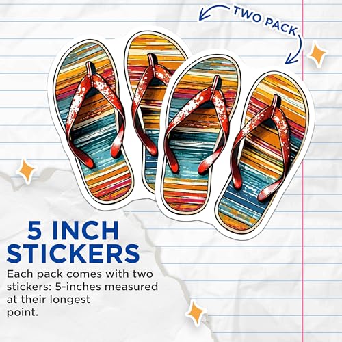 (2 Pack) Beach Flip Flop Stickers - Summer Sandals - Colorful Stripes - 5" On Longest Side - Sticks to Smooth Flat Surfaces - Made in USA - BMCS9327
