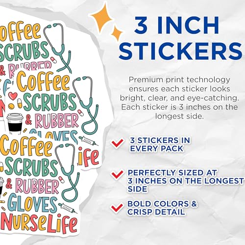 (3 Pack) Nurse Life Decals - Coffee Scrubs - Rubber Gloves Decal- 3 Inches On Longest Side - Easy Peel & Apply - Made in USA - 3MCS5353