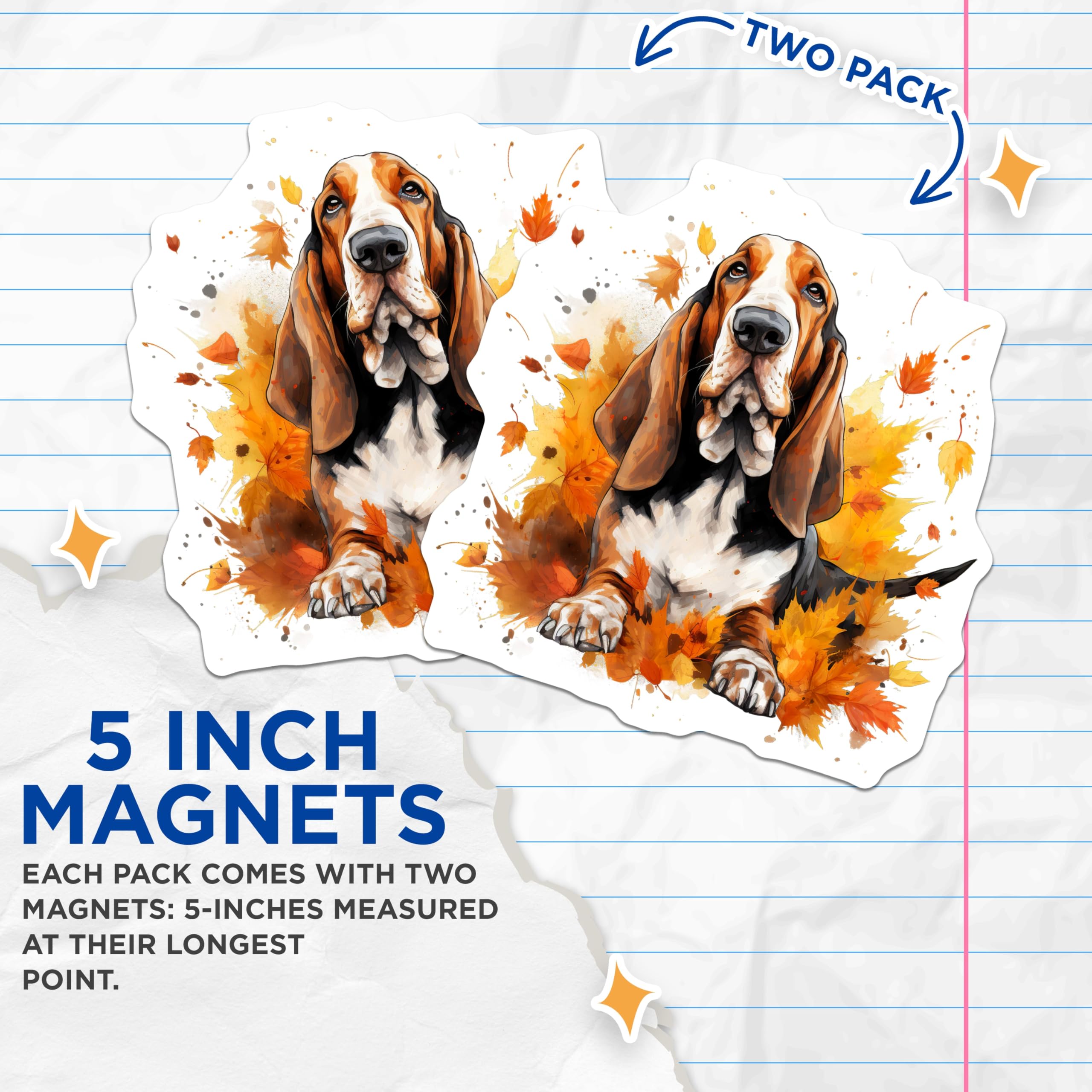 (2 Pack) Basset Hound Magnets - Fall Leaves Pet Dog Art - Autumn Kitchen Decor - 5 Inches On Longest Side - Thick Durable Magnet - Made in USA - MAG25809