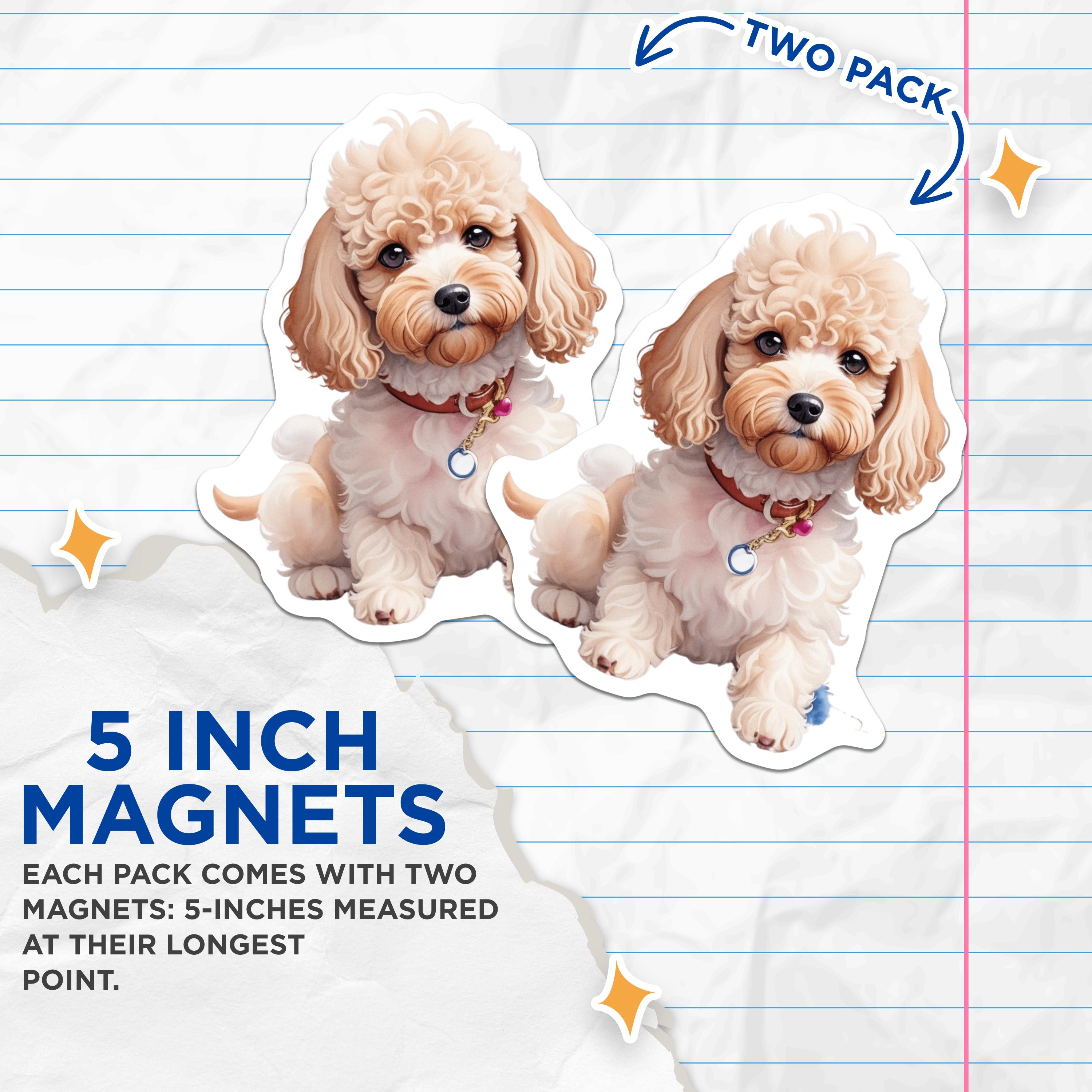 (2 Pack) Cute Poodle Puppy Magnets - Fluffy Dog Lover Refrigerator Decor - Adorable Doodle Pet Artwork for Dog Mom Kitchen Accessory - 5" - Thick Durable Magnet - Made in USA - MAG39365
