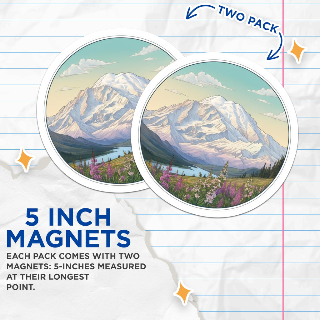 (2 Pack) Mountain Scene Magnets - Wildflower Meadow Decor - Scenic Alaska Artwork - 5" On Longest Side - Premium Magnet - for Cars, Refrigerators, Toolboxes, Lockers - Made in USA - MAG18682