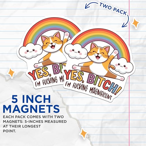 (2 Pack) Yes Bitch Magnets - Cute Cat Magnets - Rainbow Cloud Magnets - 5" On Longest Side - for Cars, Refrigerators, Toolboxes, Lockers - Made in USA BMCS3307