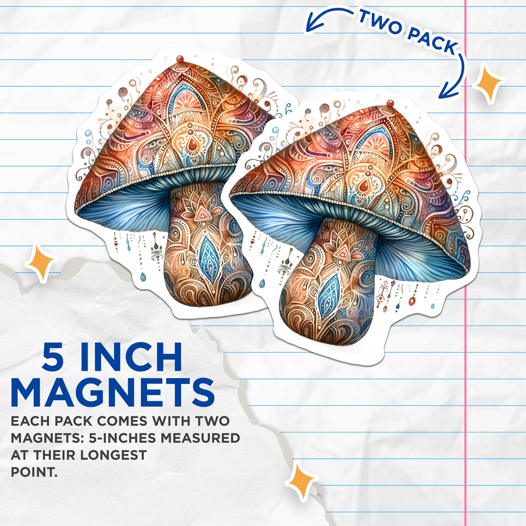 (2 Pack) Ornate Mushroom Magnets - Boho Decor Kitchen Accessories - Spiritual Fungi Fridge Art - Hippie Home Accent - 5 Inches On Longest Side - Thick Durable Magnet - Made in USA - MAG38966