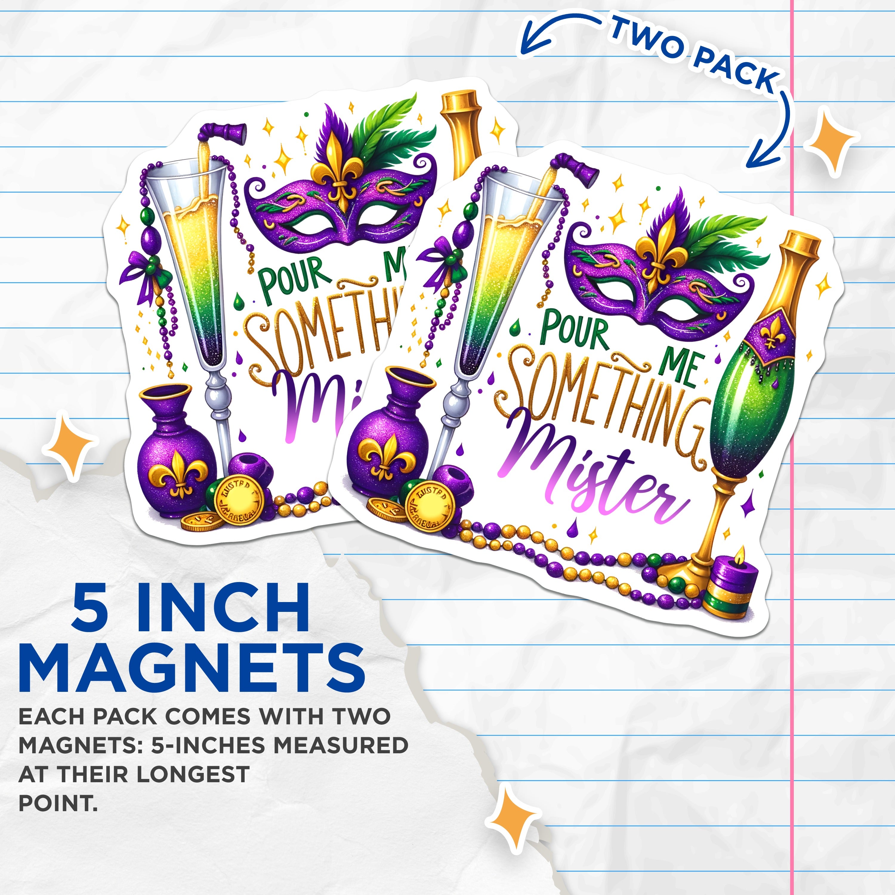 (2 Pack) Mardi Gras Celebration Magnets - New Orleans Party Decor - Festive Fleur de Lis Quote - 5 Inches On Longest Side - Thick Durable Magnet - Made in USA - MAG38077