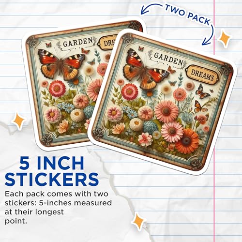 (2 Pack) Garden Dreams Stickers - Butterfly Garden Stickers - Floral Butterfly Stickers - 5" On Longest Side - Sticks to Smooth Flat Surfaces - Made in USA - BMCS6696