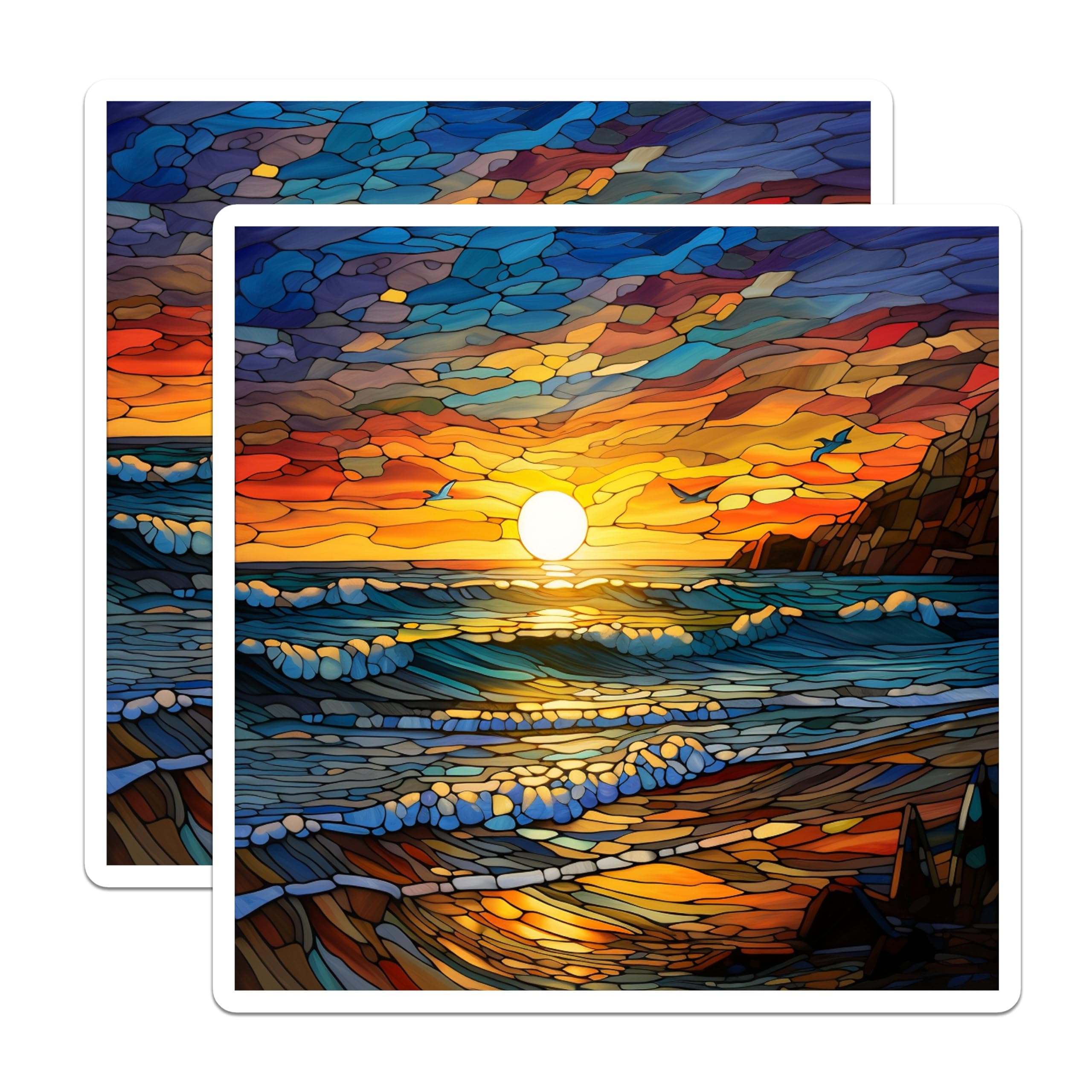 (2 Pack) Stained Glass Ocean Magnets - Sunset Beach Decor - Vibrant Mosaic Art - 5 Inches On Longest Side - Thick Durable Magnet - Made in USA - MAG29932