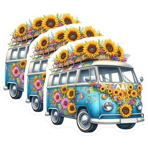 (3 Pack) VW Bus Decals - Hippie Van Stickers - Sunflower Decals - 3 Inches On Longest Side - Easy Peel & Apply - Made in USA - 3MCS7618