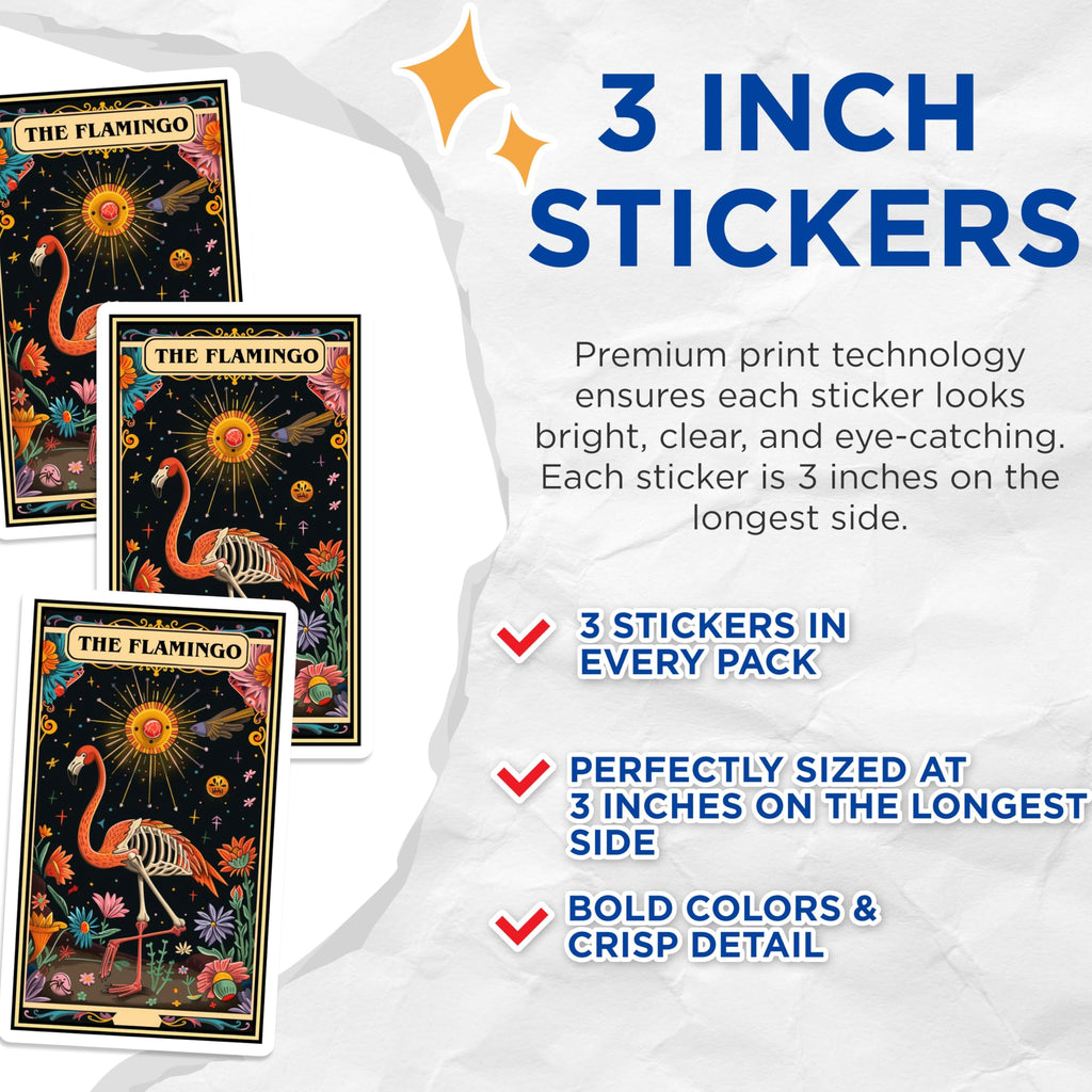 (3 Pack) Flamingo Decals - Tarot Card - Floral Skeleton - Laptop Decals - 3 Inches On Longest Side - Easy Peel & Apply - Made in USA - 3MCS2448