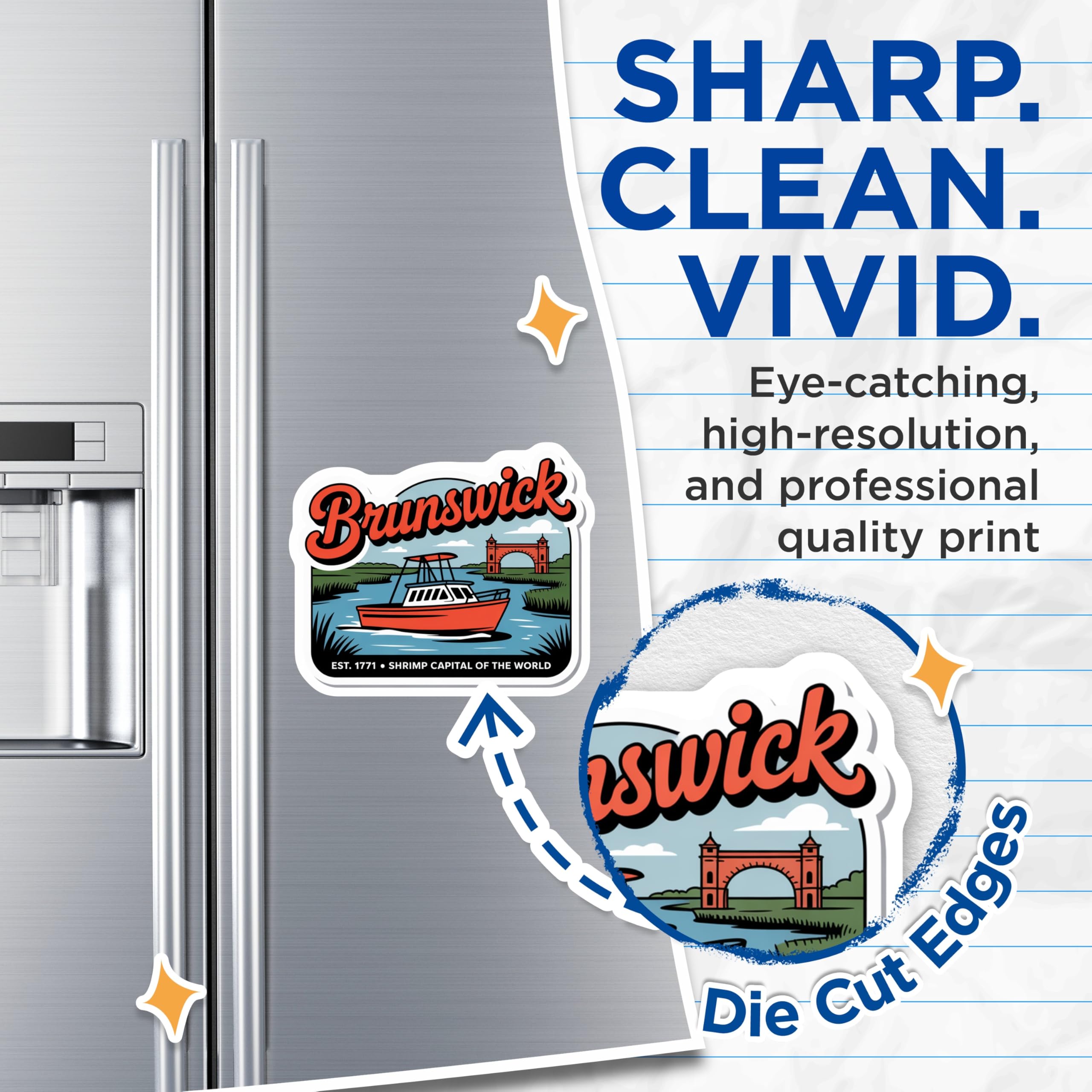 (2 Pack) Brunswick Georgia Magnets - Shrimp Boat - City Souvenir - 5" On Longest Side - Premium Magnet - for Cars, Refrigerators, Toolboxes, Lockers - Made in USA - MAG18023