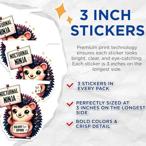 (3 Pack) Hedgehog Decals - Nocturnal Ninja Sticker - Silent Spiky Animal - 3 Inches On Longest Side - Easy Peel & Apply - Made in USA - 3MCS2510