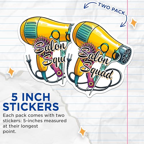 (2 Pack) Salon Squad Stickers - Hairdresser Decor - Hair Stylist Accessories Decals - 5" On Longest Side - Sticks to Smooth Flat Surfaces - Made in USA - BMCS7564