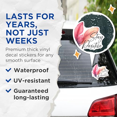 (2 Pack) Stay Positive Stickers - Inspirational Quote - Feather Design Decals - 5" On Longest Side - Sticks to Smooth Flat Surfaces - Made in USA - BMCS7543