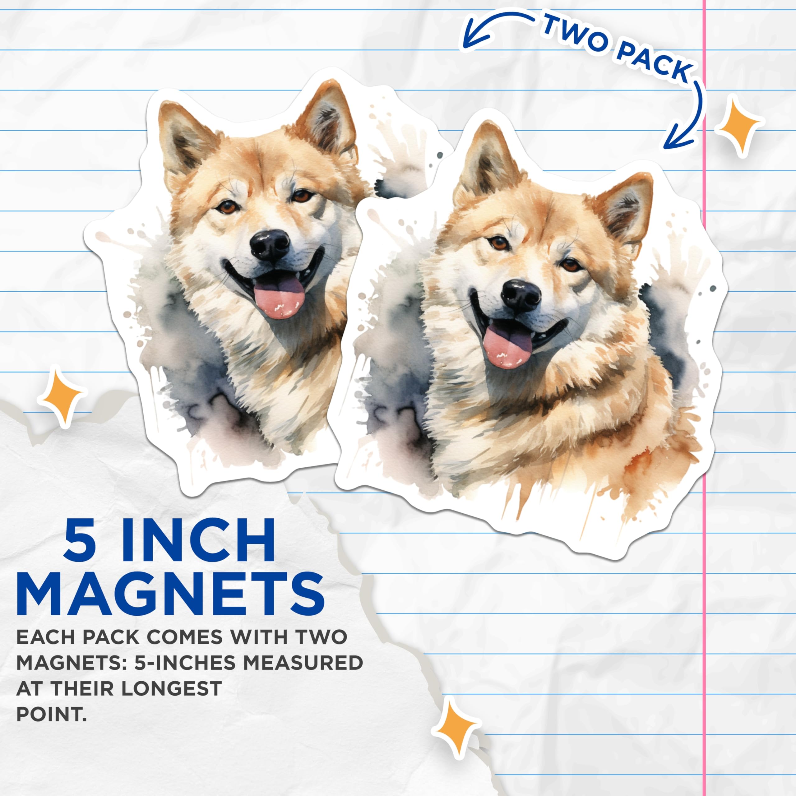 (2 Pack) Shiba Inu Dog Magnets - Watercolor Canine Art Decor - Happy Smiling Pet Lover Fridge Display Accent - 5 Inches On Longest Side - Thick Durable Magnet - Made in USA - MAG24973