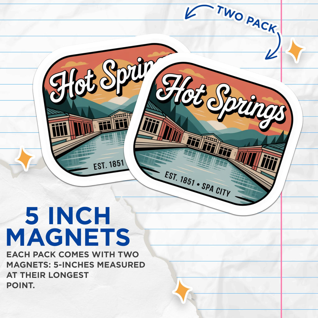 (2 Pack) Hot Springs Magnets - Spa City Souvenir - Arkansas Travel Memorabilia - 5 Inches On Longest Side - Thick Durable Magnet - Made in USA - MAG19325