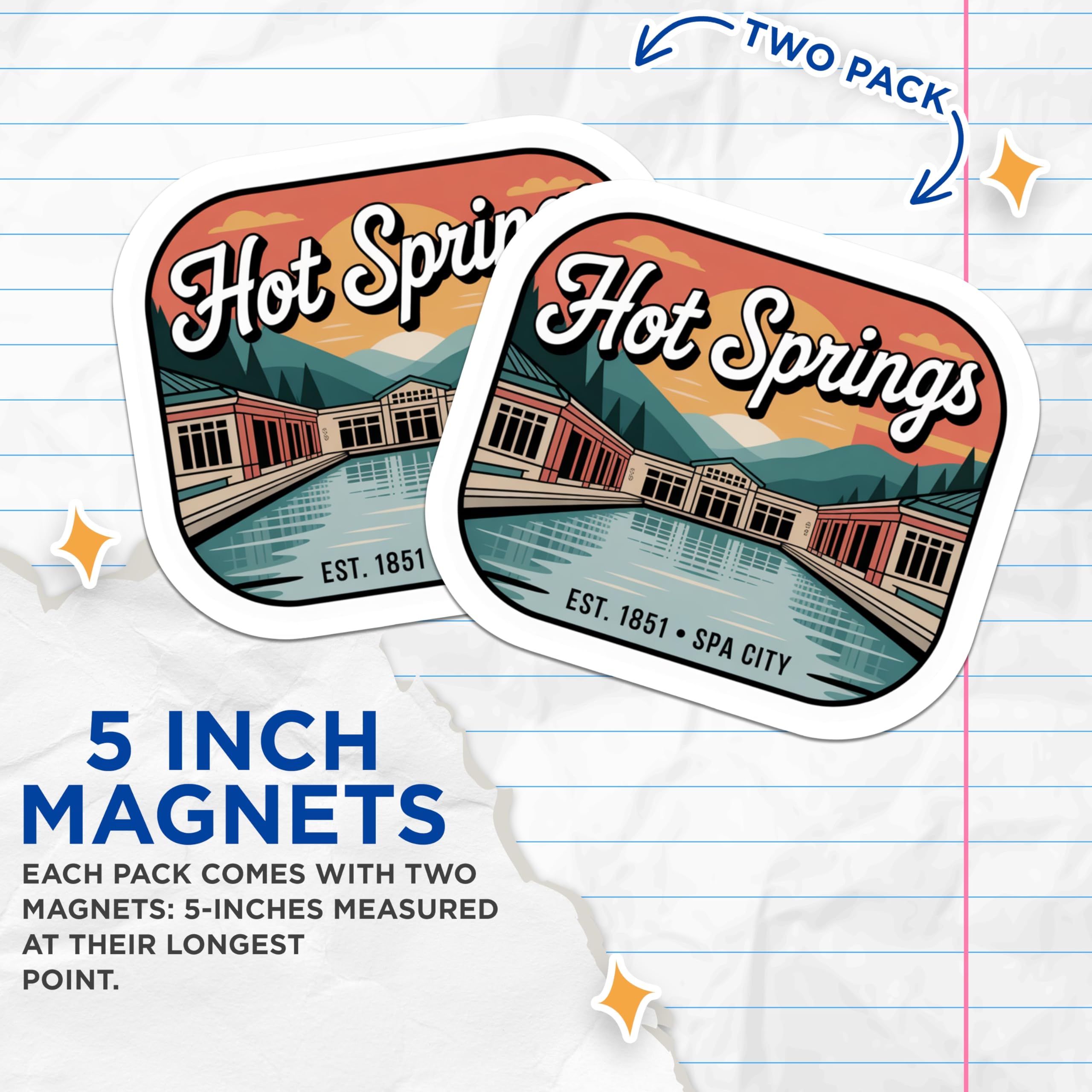 (2 Pack) Hot Springs Magnets - Spa City Souvenir - Arkansas Travel Memorabilia - 5 Inches On Longest Side - Thick Durable Magnet - Made in USA - MAG19325