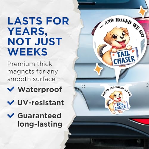 (2 Pack) Round and Round We Go Tail Chaser Magnets - Cute Dog Magnets - Fun Fridge Magnets for Kids - 5" On Longest Side - for Cars, Fridges, Toolboxes - Made in USA - MAG3735