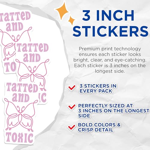 (3 Pack) Tatted and Toxic Decals - Butterfly Design - Laptop Decals - 3 Inches On Longest Side - Easy Peel & Apply - Made in USA - 3MCS7246