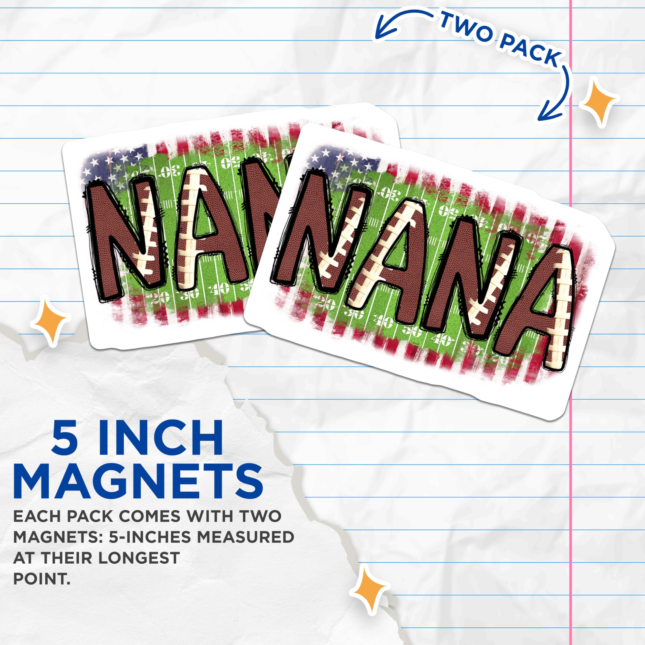 (2 Pack) Nana Football Magnets - Patriotic Game Day - Grandma Sports Fan - 5 Inches On Longest Side - Thick Durable Magnet - Made in USA - MAG25328
