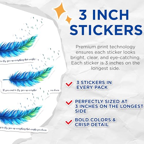 (3 Pack) Feather Decals - Inspirational Quote - Blue Green Art - Laptop Decals - 3 Inches On Longest Side - Easy Peel & Apply - Made in USA - 3MCS6318