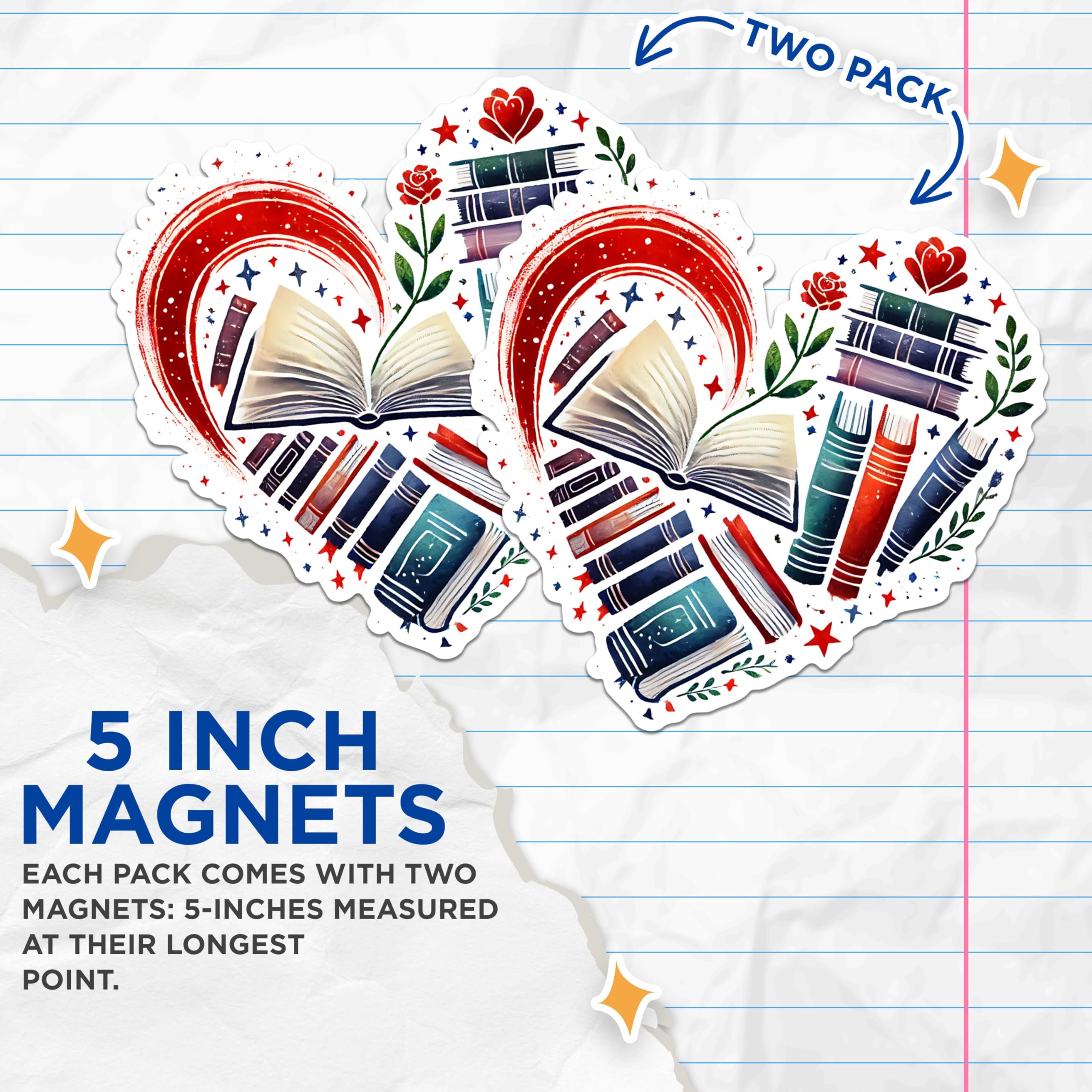 (2 Pack) Heart Shaped Book Lover Magnets - Literary Theme Magnets - Bookworm Decor Magnets- 5" On Longest Side - for Fridges, Toolboxes, Cars - Made in USA - MAG2763