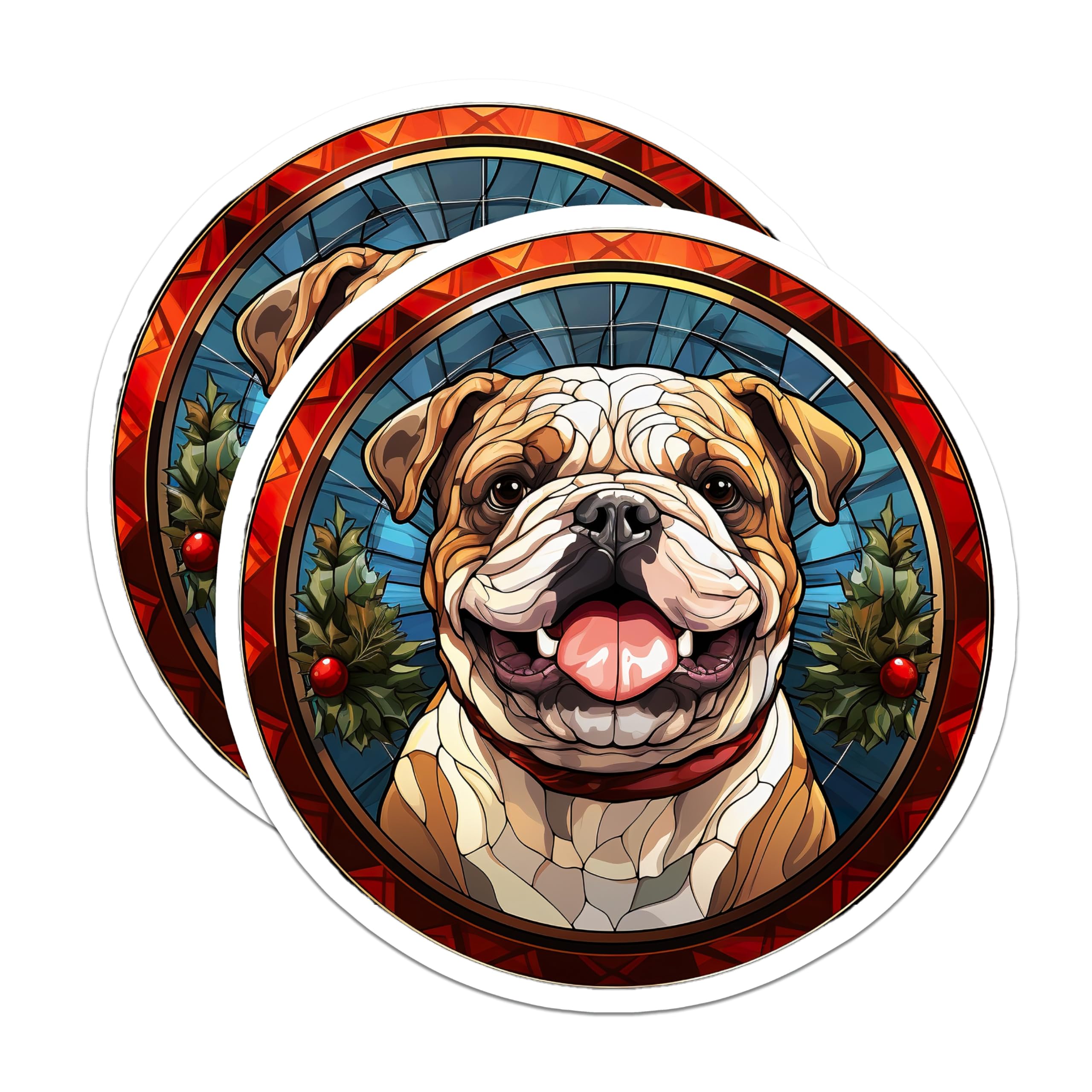 (2 Pack) Bulldog Christmas Magnets - Stained Glass Pet Art - Holiday Refrigerator Decor - 5 Inches On Longest Side - Thick Durable Magnet - Made in USA - MAG28306