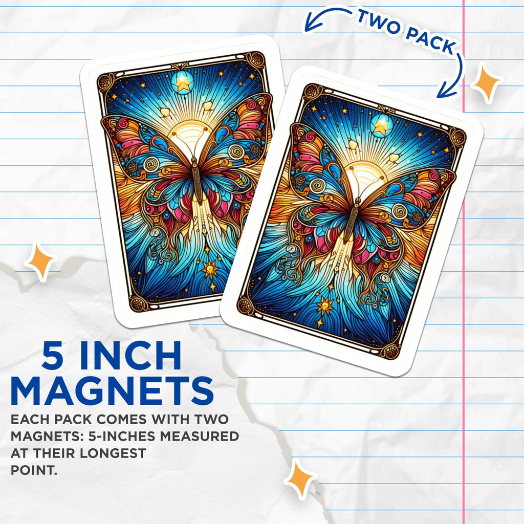 (2 Pack) Stained Glass Butterfly Magnets - Vibrant Colorful Art Nouveau Insect - Celestial Sunburst Fridge Magnets Home Decor - 5 Inches On Longest Side - Thick Durable Magnet - Made in USA - MAG23159