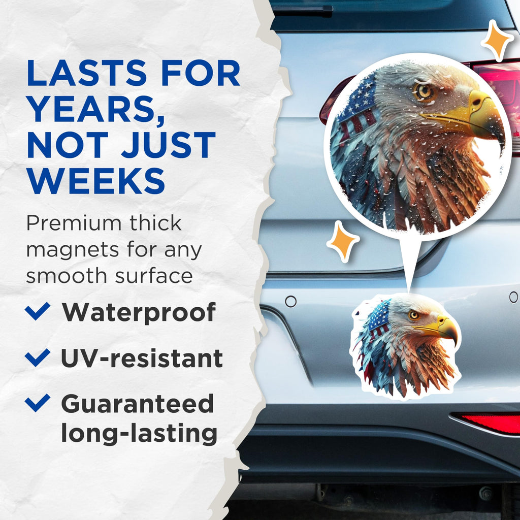 (2 Pack) Bald Eagle Magnets - American Flag Head Magnet - Patriotic USA Decor for Fridge - 5 Inches On Longest Side - Thick Durable Magnet - Made in USA - MAG20505