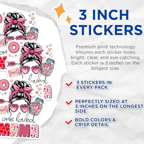 (3 Pack) One Loved Mama Decals - Messy Bun Mom - Heart Sunglasses Decal - 3 Inches On Longest Side - Easy Peel & Apply - Made in USA - 3MCS7238
